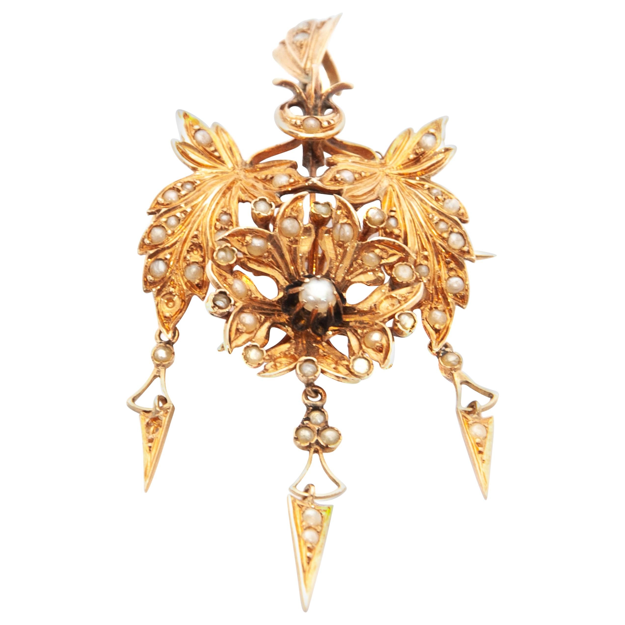 Antike Perlen- und 14K Gold-Anhänger-Brosche aus dem 19. Jahrhundert