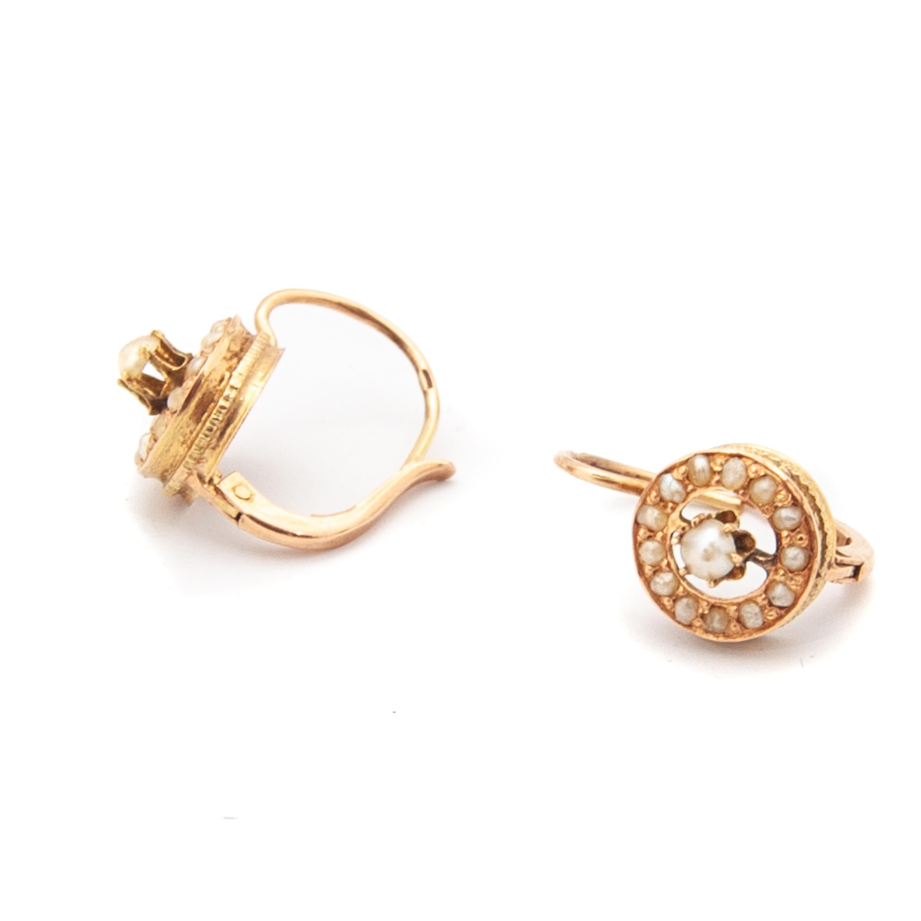 Women's Antique 14 Karat Yellow Gold Seed Pearl Round Drop Earrings For Sale