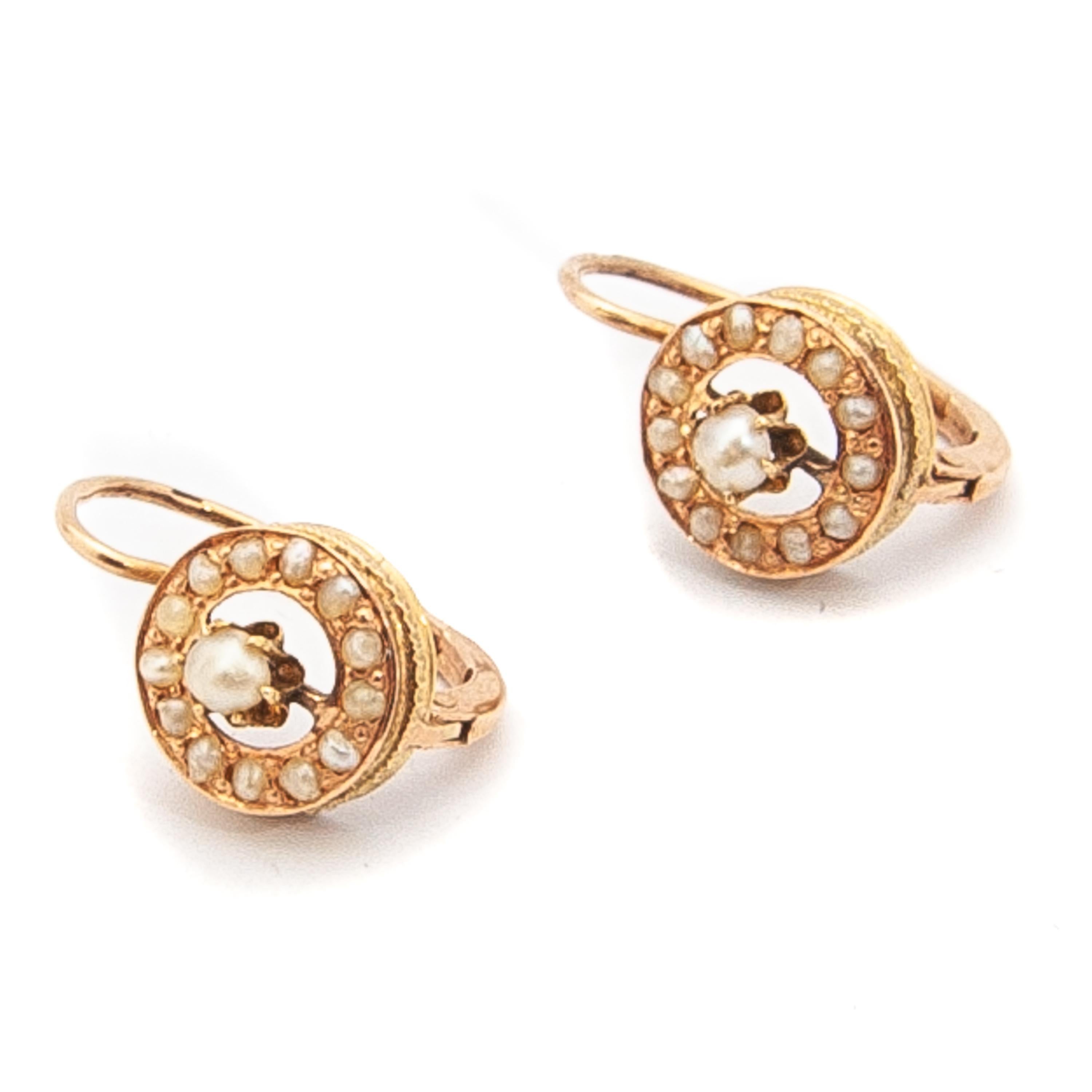 Antique 14 Karat Yellow Gold Seed Pearl Round Drop Earrings For Sale 1