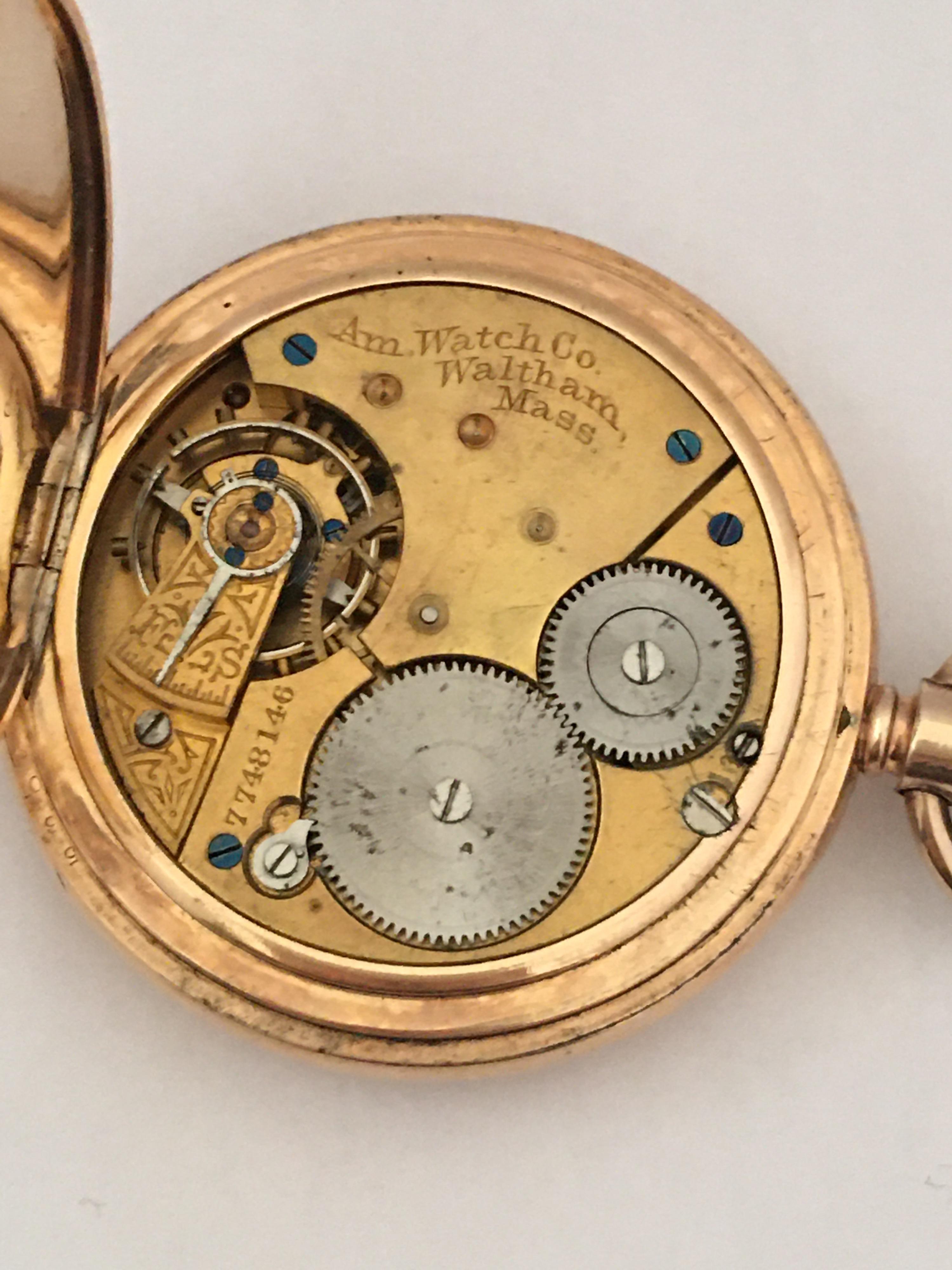 Antique 14 Karat Gold Plated Full Hunter American Waltham Watch Co. Pocket Watch 3