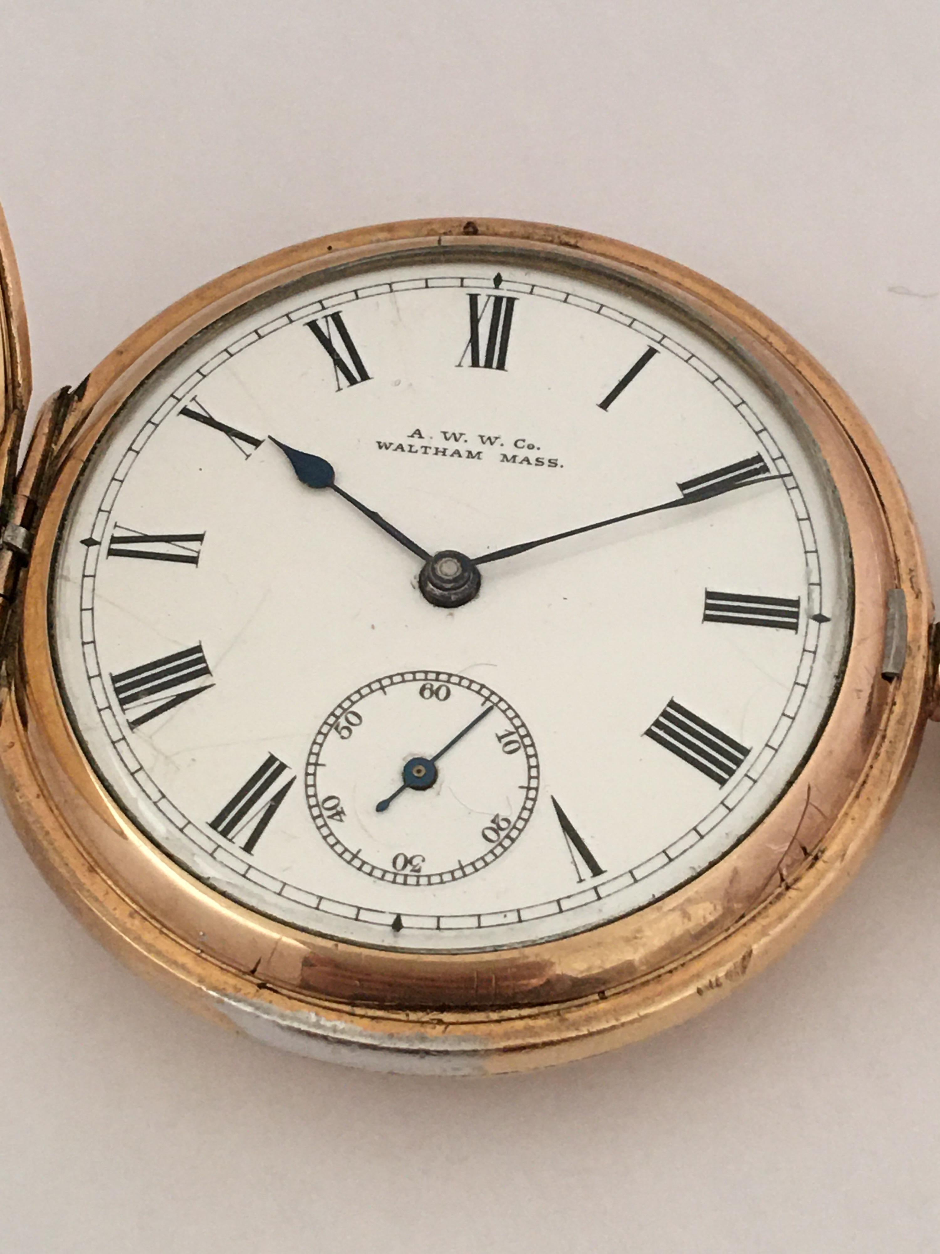 Antique 14 Karat Gold Plated Full Hunter American Waltham Watch Co. Pocket Watch In Good Condition In Carlisle, GB