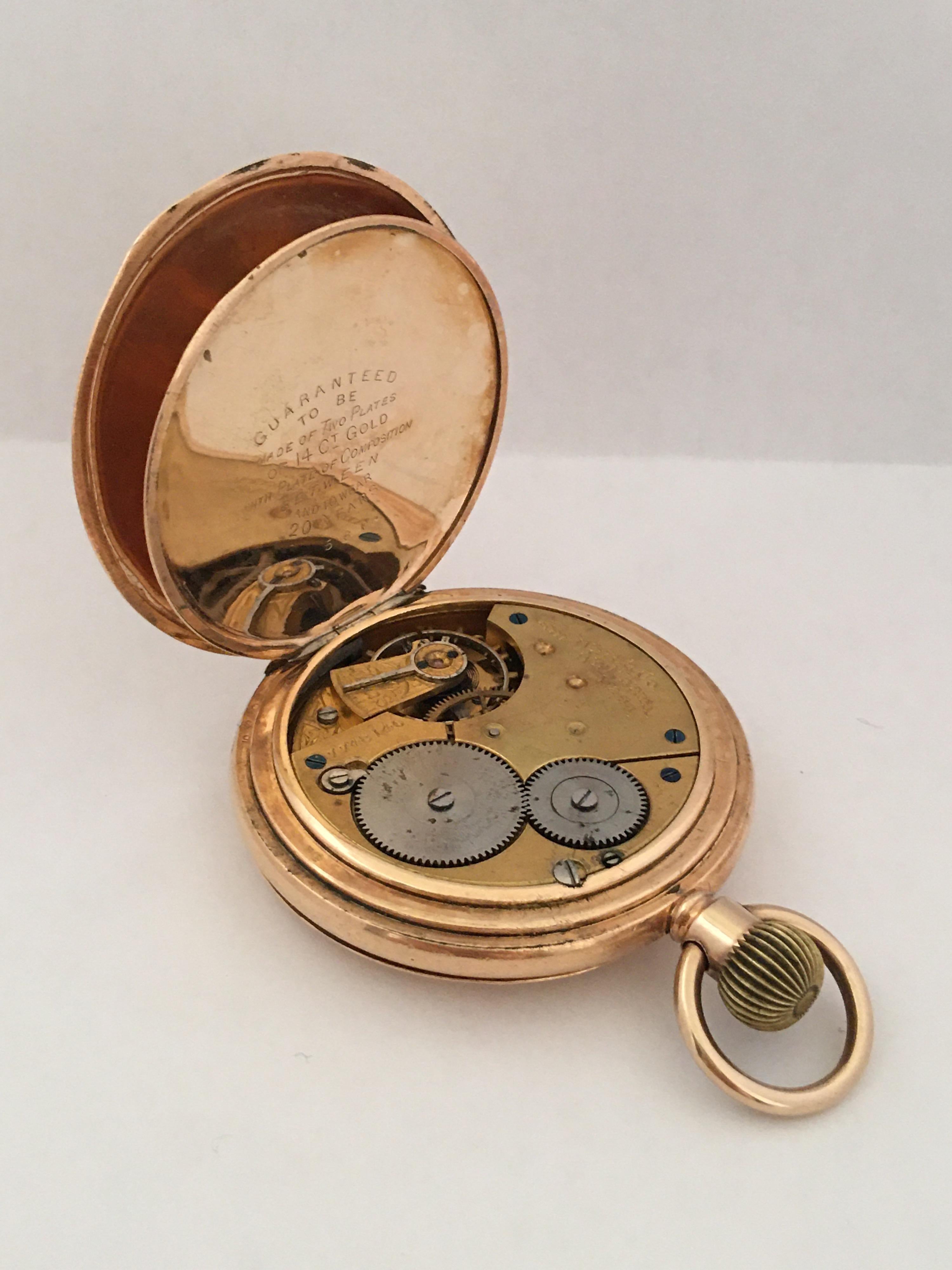 Antique 14 Karat Gold Plated Full Hunter American Waltham Watch Co. Pocket Watch 2