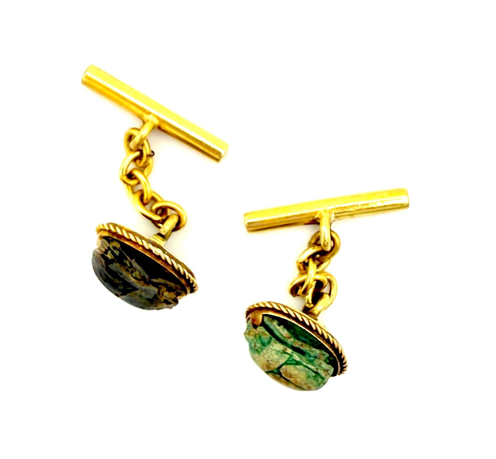 Antique  14K Gold Scarab Cufflinks Egyptian Revival Turquoise Faience In Good Condition For Sale In Munich, Bavaria