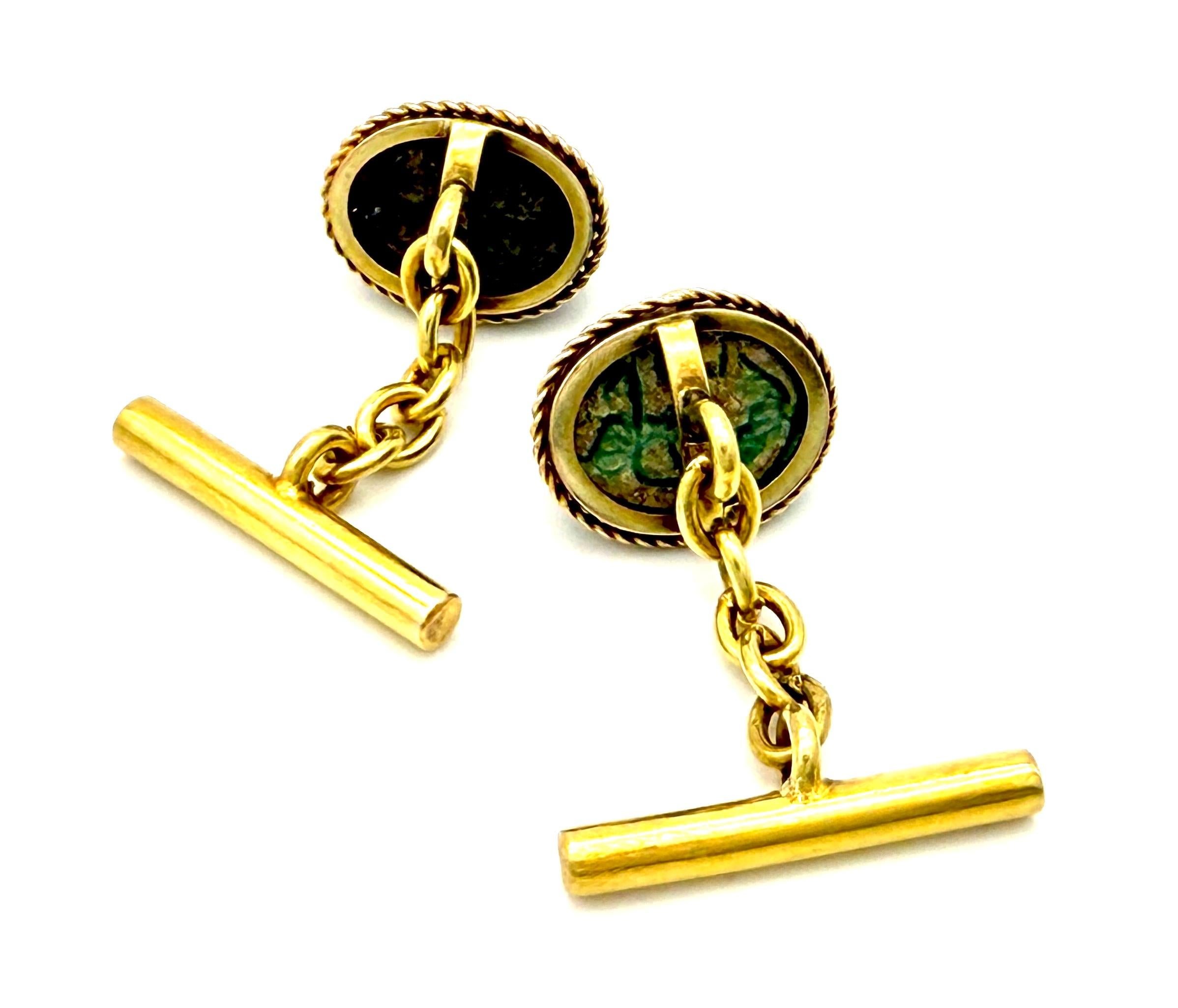 Women's or Men's Antique  14K Gold Scarab Cufflinks Egyptian Revival Turquoise Faience For Sale