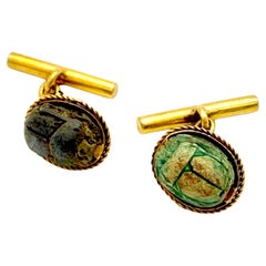 Antique  14K Gold Scarab Cufflinks Egyptian Revival Turquoise Faience