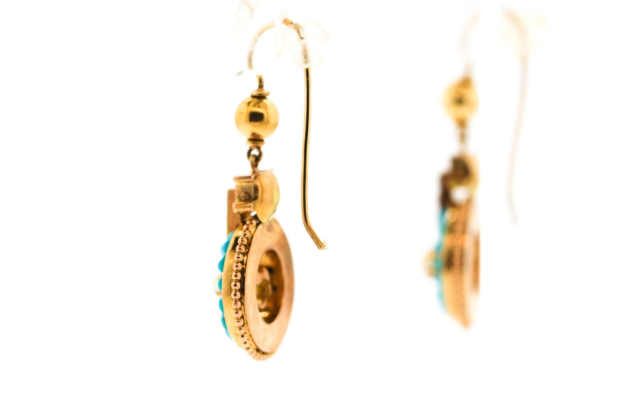 Antique 14 Karat Gold Seed Pearl and Calibre Turquoise Pendant Earrings In Good Condition In New York, NY