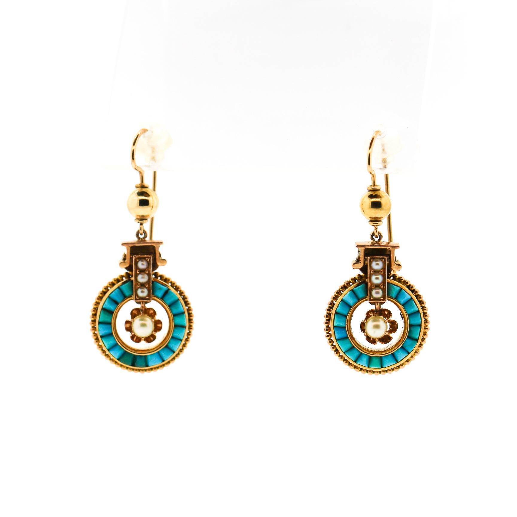 Antique 14 Karat Gold Seed Pearl and Calibre Turquoise Pendant Earrings