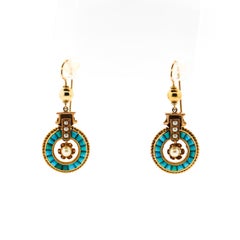 Antique 14 Karat Gold Seed Pearl and Calibre Turquoise Pendant Earrings