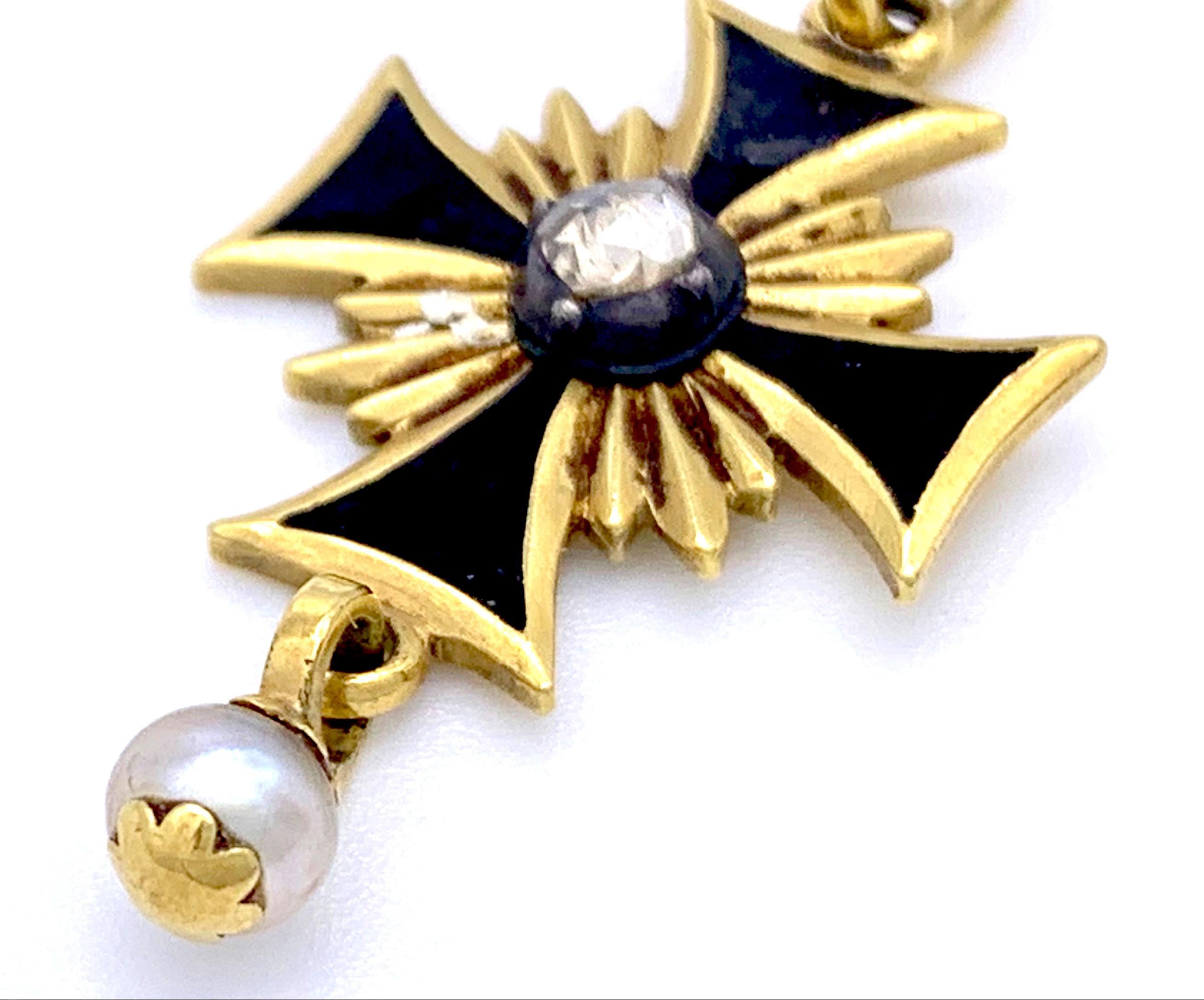 Old European Cut Antique 14 Karat Gold Silver Cross Pendant Diamond Natural Pearl Enamel For Sale