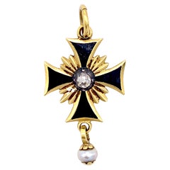 Antique 14 Karat Gold Silver Cross Pendant Diamond Natural Pearl Enamel