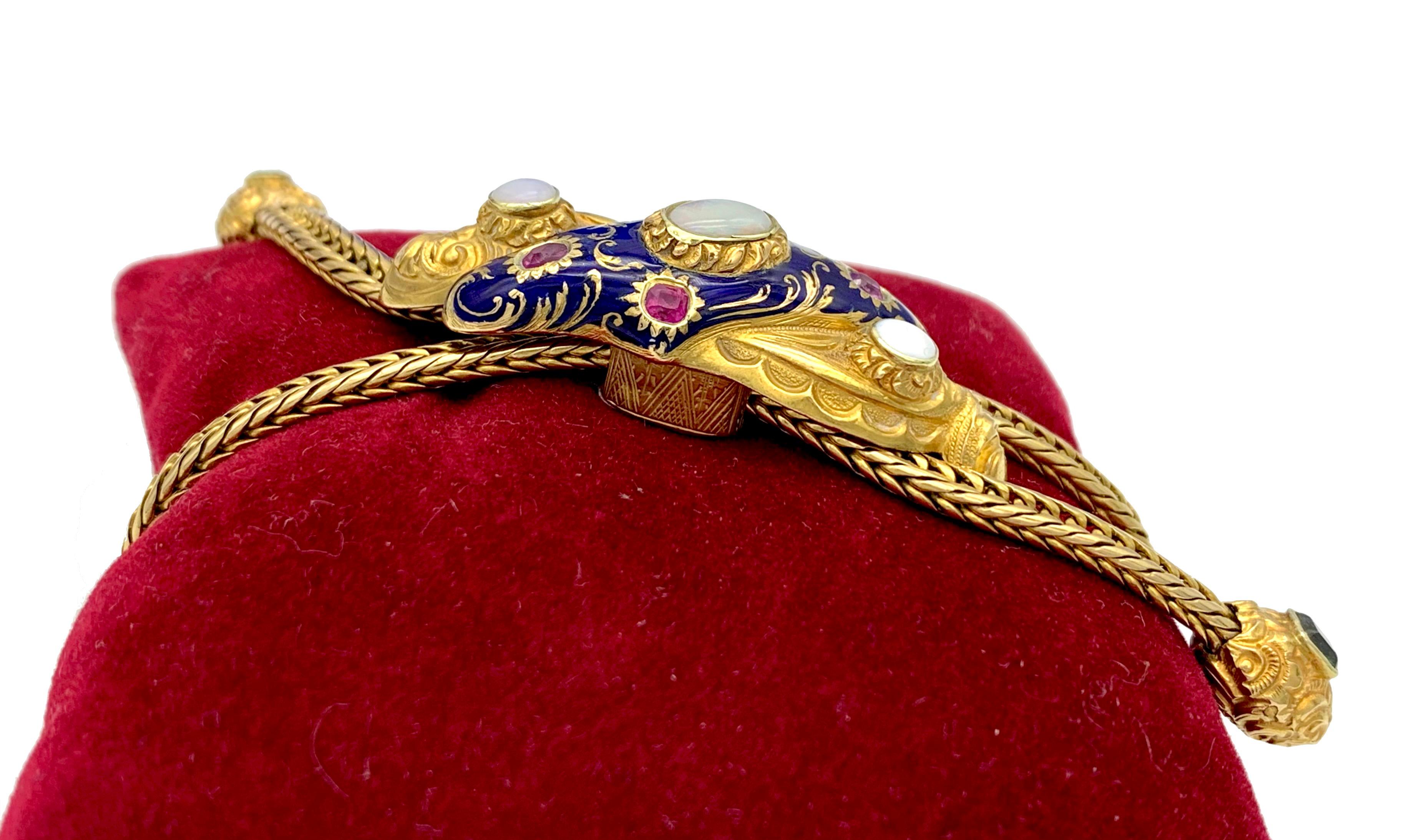Antikes Slide-Armband aus 14 Karat Gold mit blauer Emaille, Smaragd, Rubin und Opal (Carréeschliff) im Angebot