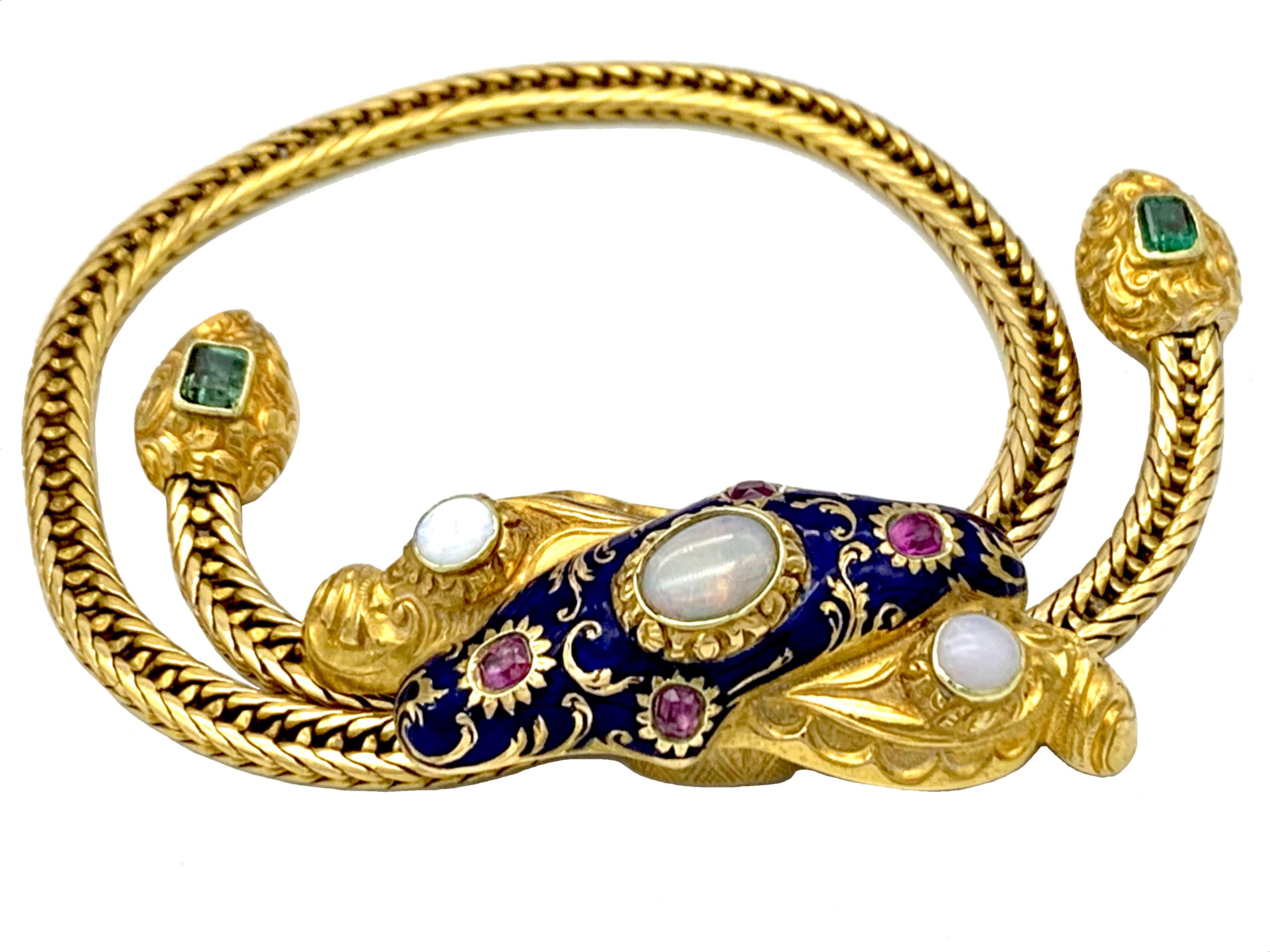 Square Cut Antique 14 Karat Gold Slide Bracelet Blue Enamel Emerald Ruby Opal For Sale