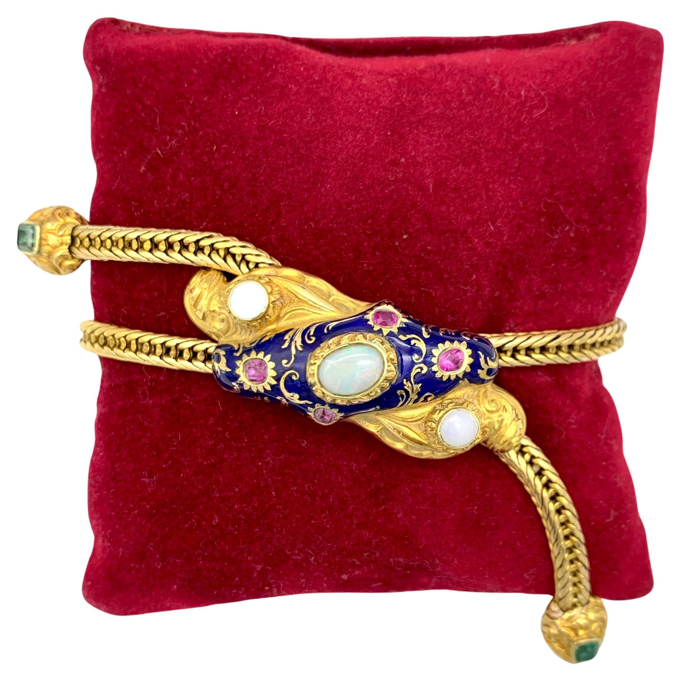 Antikes Slide-Armband aus 14 Karat Gold mit blauer Emaille, Smaragd, Rubin und Opal im Angebot