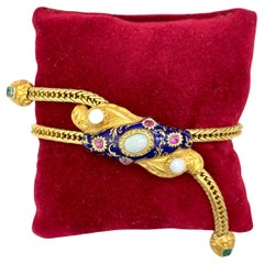 Bracelet coulissant ancien en or 14 carats avec émail bleu, émeraude et opale