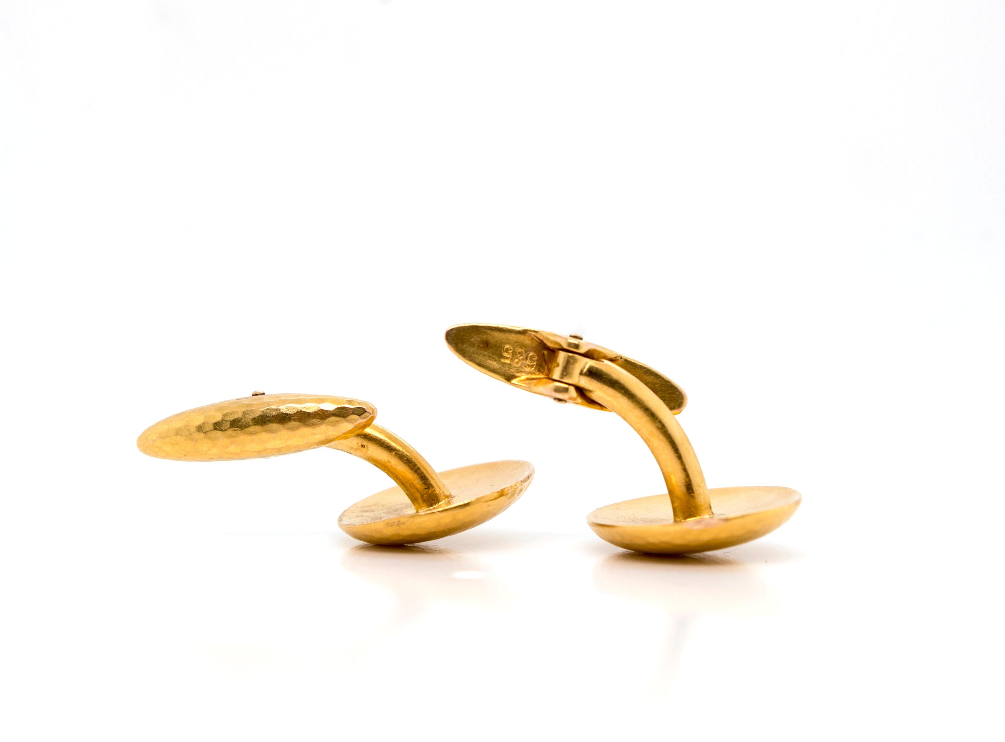Men's Antique 14 Karat Oval Hammered Cuff Links For Sale