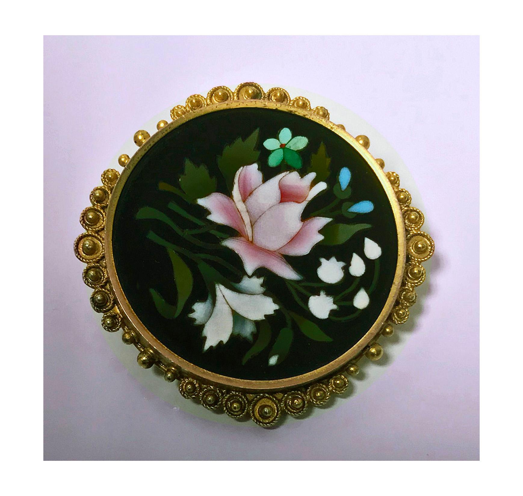Antique 14K Gold Pietra Dura Brooch Pin, Italy C.1875. The Brooch of circular shape, fine pietra dura floral white, green, lilac inlay colors, the surround gold mount of granular etruscan bead work. Gold acid tests 14K. Diameter: 1.2 inches. Total