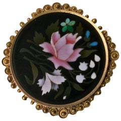 Antique 14 Karat Pietra Dura Brooch Pin, Italy, circa 1875