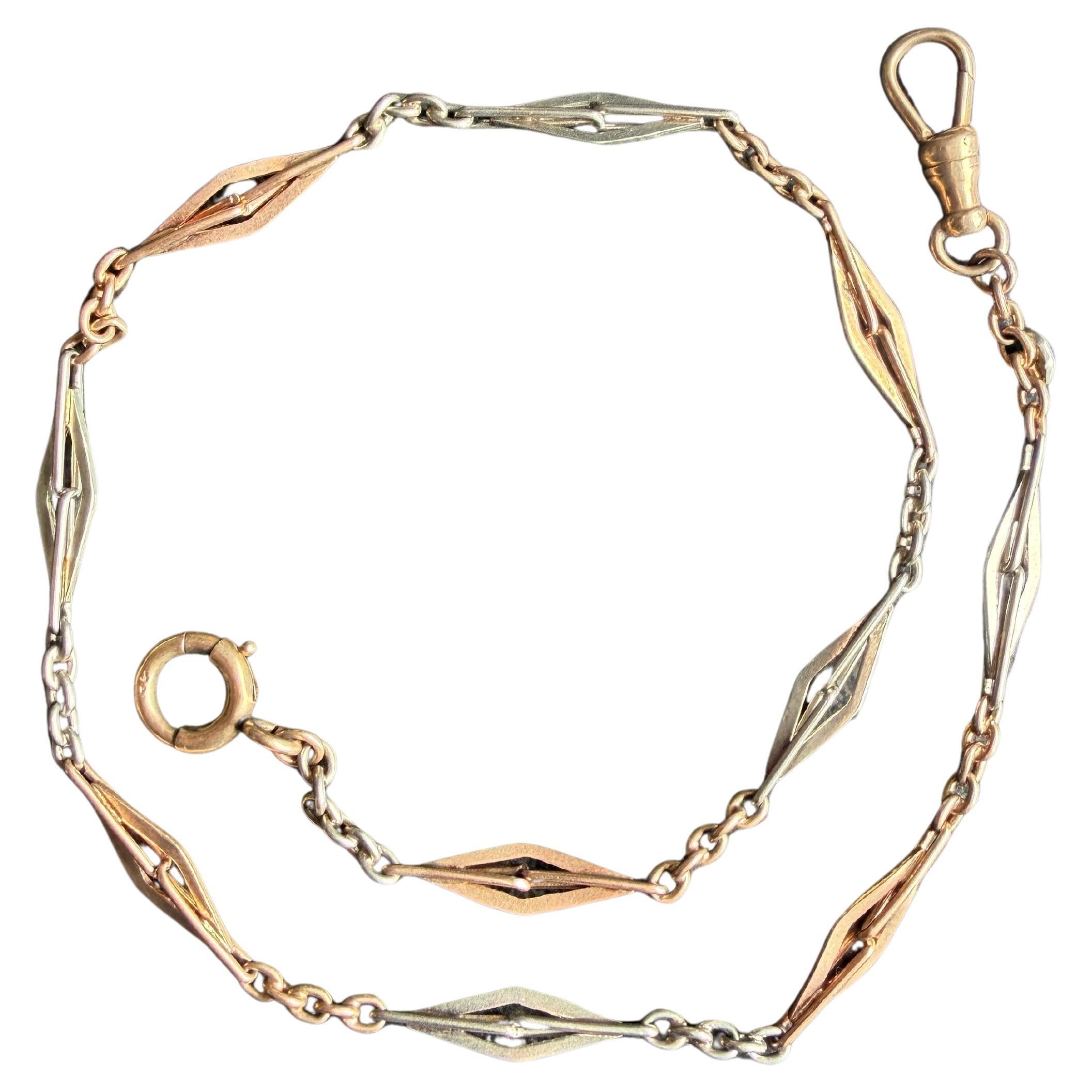 Catena per orologio da tasca antica in oro rosa e bianco 14 carati in vendita