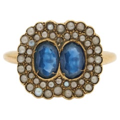 Anillo antiguo de oro rosa de 14 quilates y zafiro doble de 1,0 quilates y perlas semilla