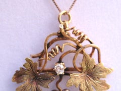 Antique 14 Karat Rose, Green Gold Pearl Grape Leaf Diamond Pendant, Victorian