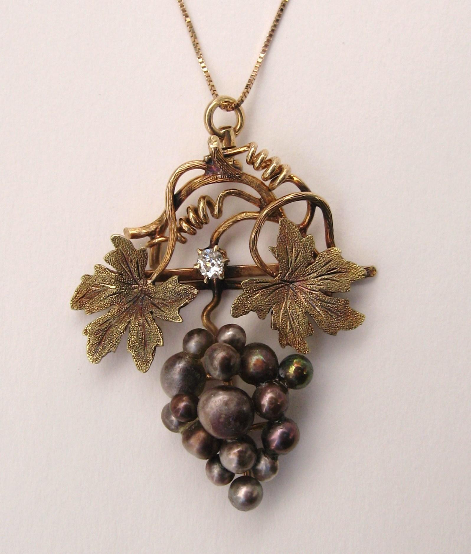 Antique 14 Karat Rose, Green Gold Pearl Grape Leaf Diamond Pendant, Victorian In Good Condition For Sale In Wallkill, NY