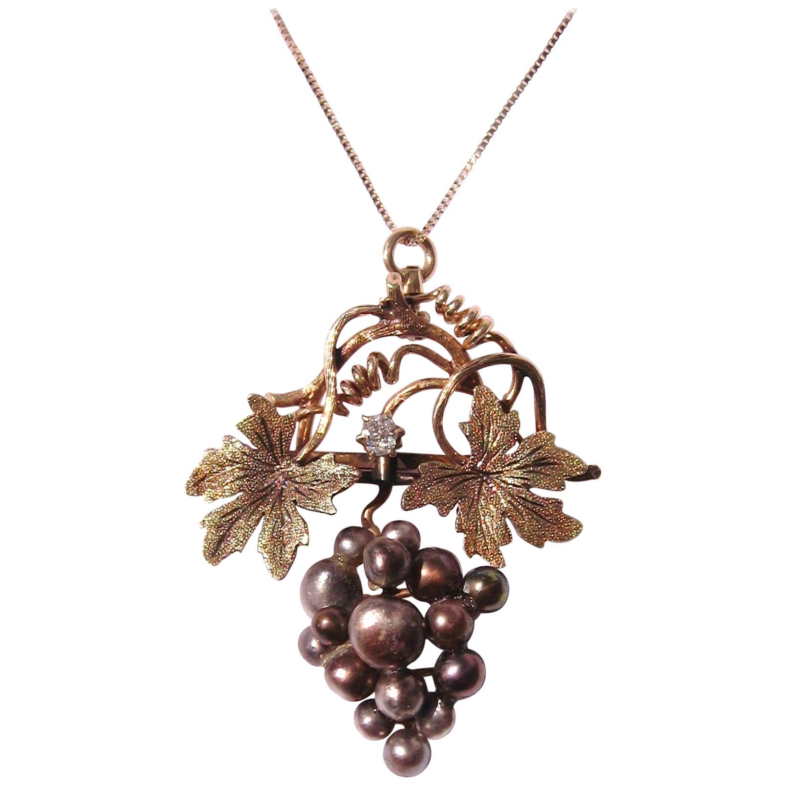 Antique 14 Karat Rose, Green Gold Pearl Grape Leaf Diamond Pendant, Victorian For Sale
