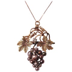 Antique 14 Karat Rose, Green Gold Pearl Grape Leaf Diamond Pendant, Victorian