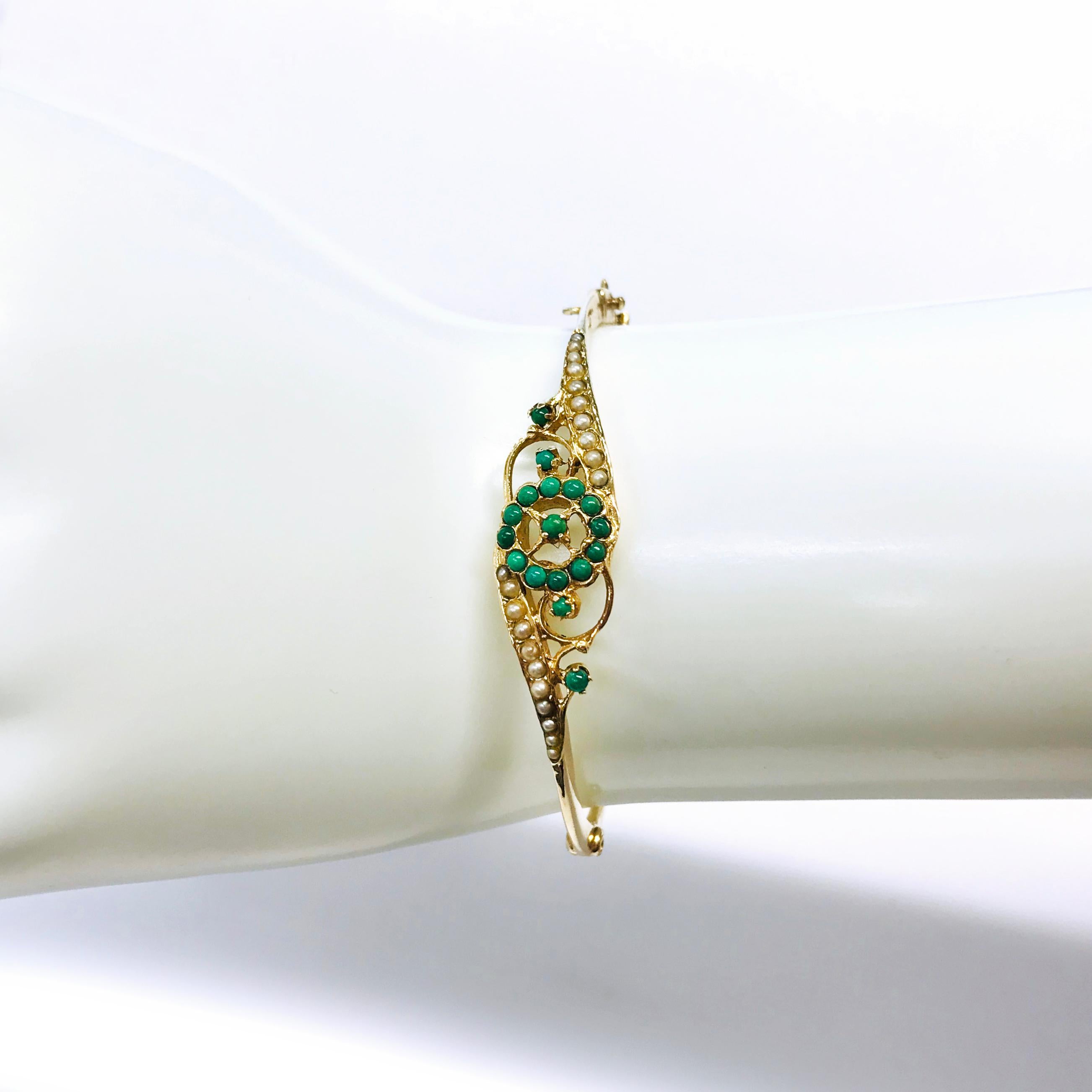 Antique 14 Karat Turquoise Seed Pearl Bangle Bracelet 3