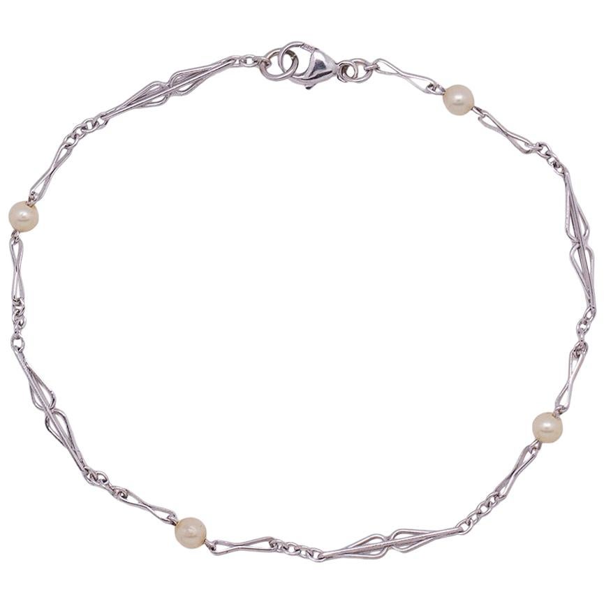 Antique 14 Karat White Gold and Pearl Chain Bracelet, circa 1920s For Sale