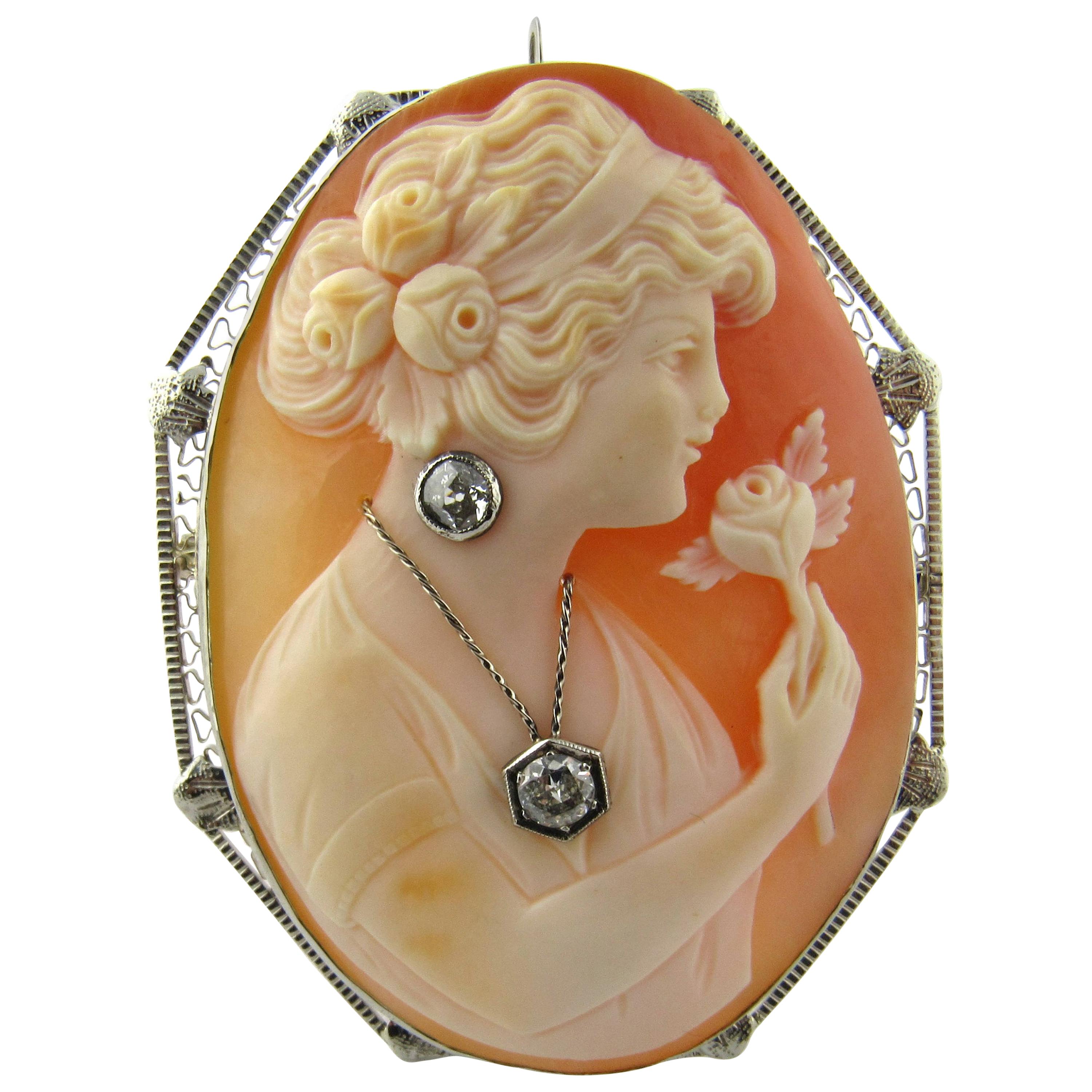Antique 14 Karat White Gold Cameo Pendant or Brooch For Sale