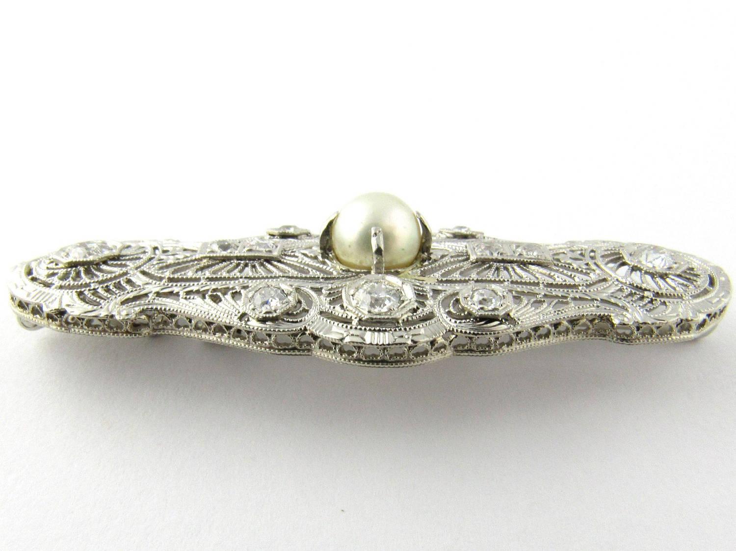 Antique 14 Karat White Gold Diamond and Pearl Filagree Pendant Brooch In Excellent Condition In Washington Depot, CT