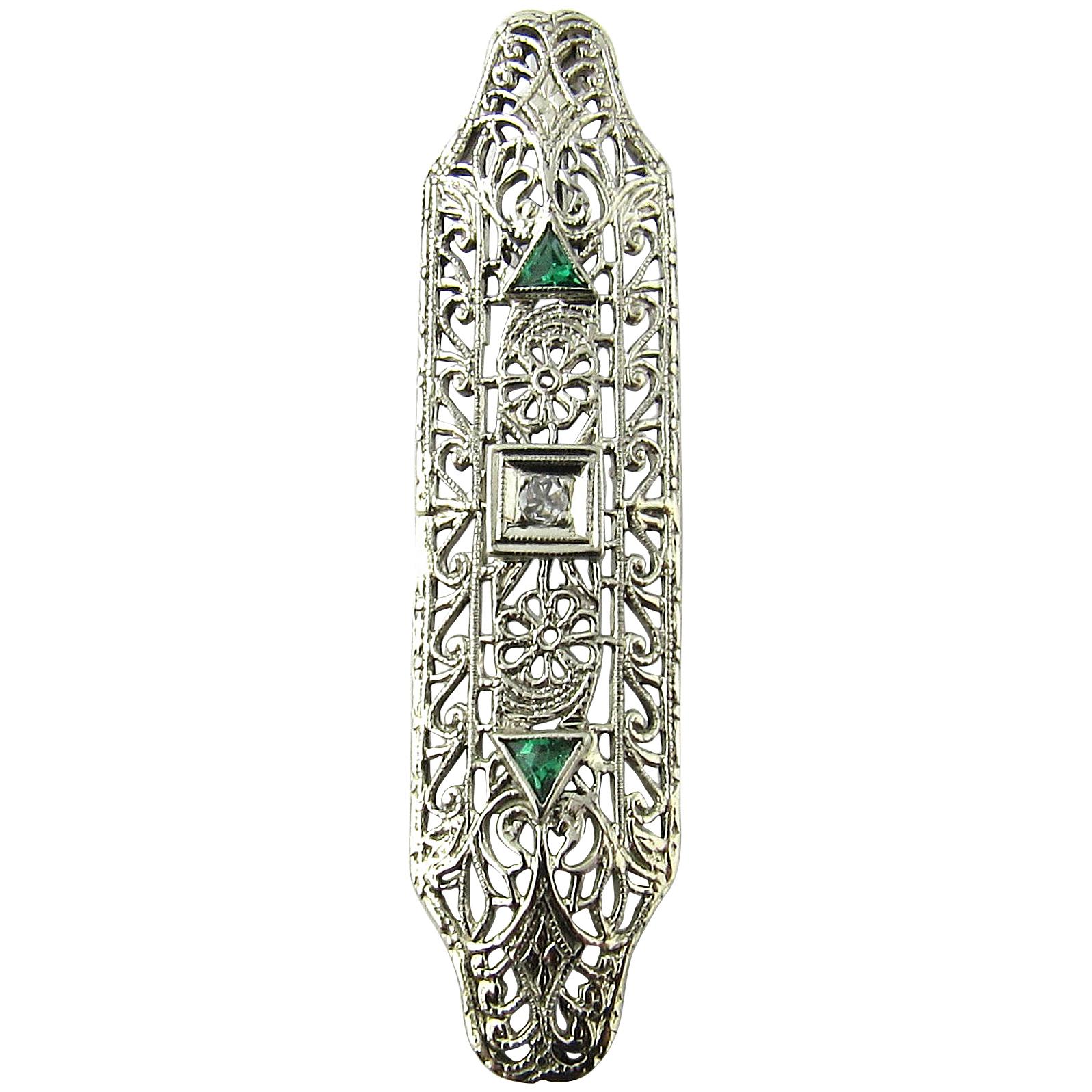Antique 14 Karat White Gold Emerald and Diamond Pendant