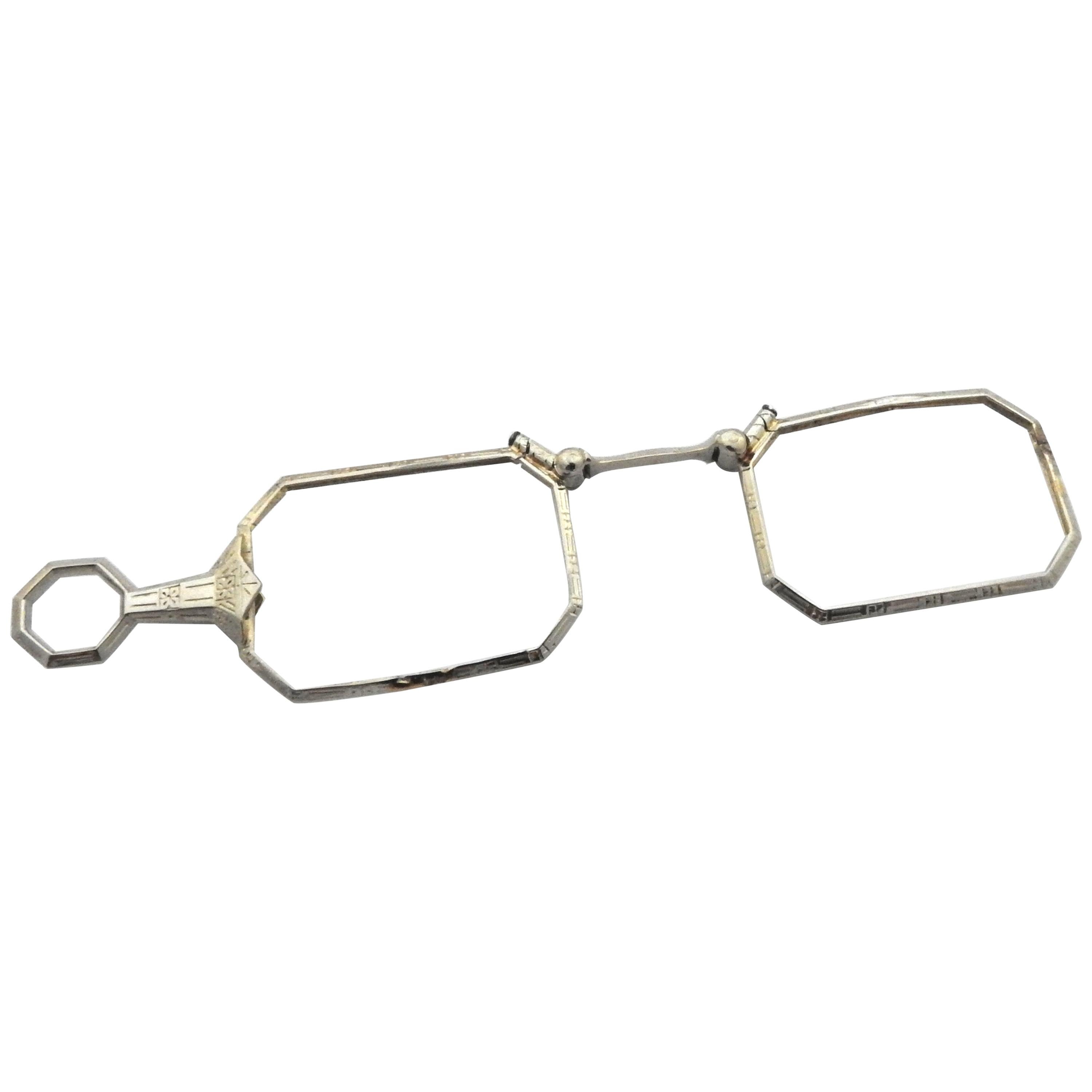 Antique 14 Karat White Gold Folding Lorgnette Eyeglass Frames, No Lens