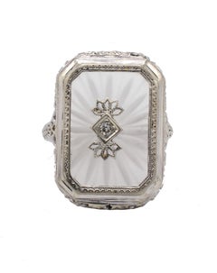 Antique 14 Karat White Gold Rock Crystal & Diamond Cocktail Ring