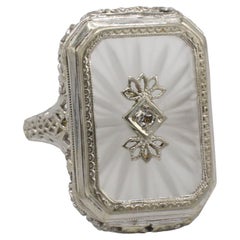 Bague cocktail ancienne en or blanc 14 carats avec cristal de roche et diamants