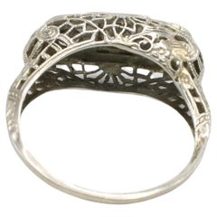 Antique 14 Karat White Gold Three-Stone Natural Diamond Filigree Ring