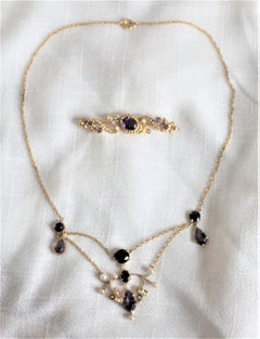Antique 14-Karat Yellow Gold, Amethyst and Seed Pearl Necklace and Brooch