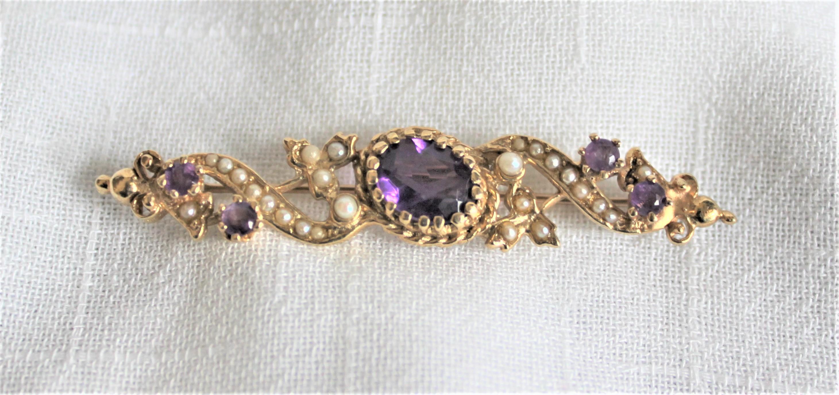 Antike Halskette und Brosche aus 14-karätigem Gelbgold:: Amethyst und Perlenkorn (Edwardian) im Angebot