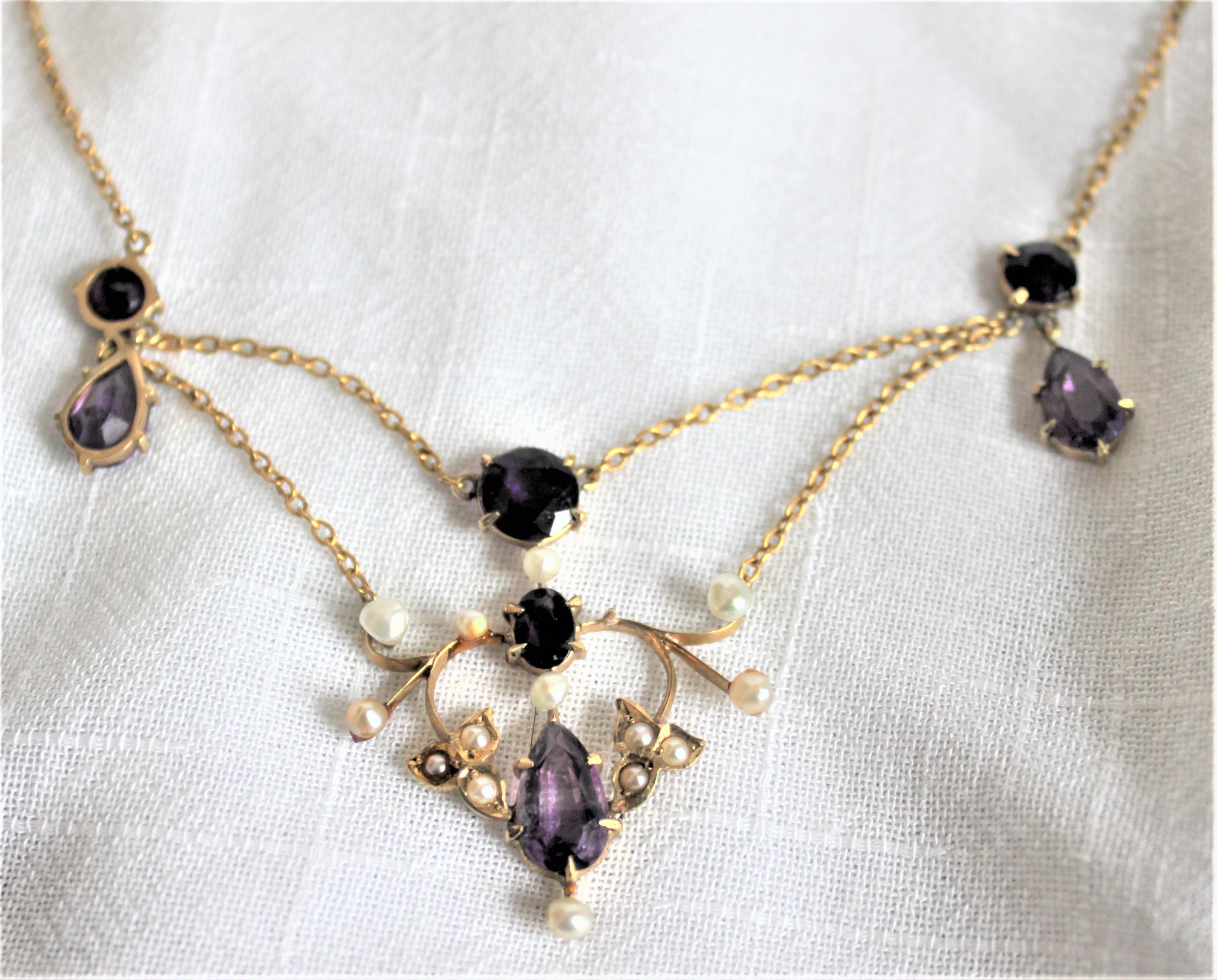 20th Century Antique 14-Karat Yellow Gold, Amethyst and Seed Pearl Necklace and Brooch For Sale
