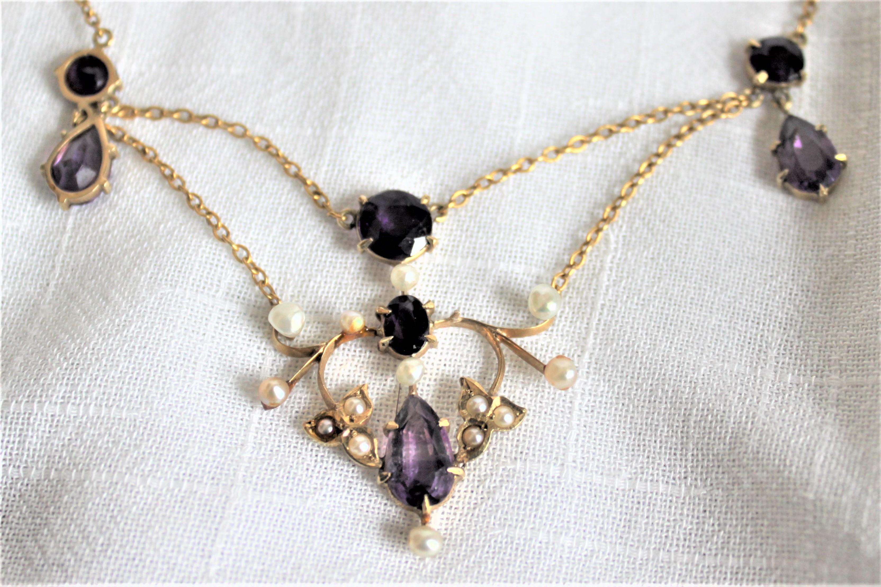 Antique 14-Karat Yellow Gold, Amethyst and Seed Pearl Necklace and Brooch For Sale 1