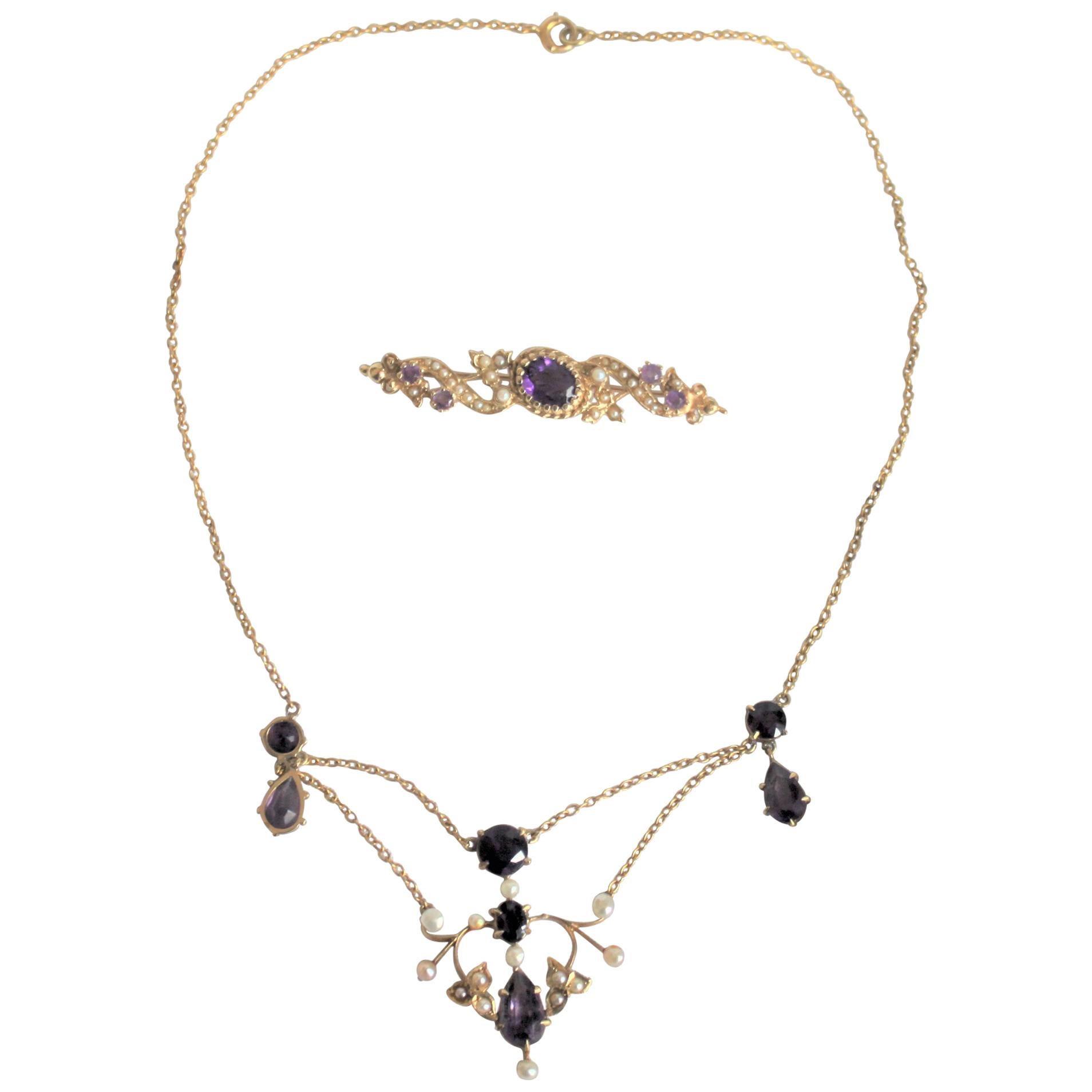 Antique 14-Karat Yellow Gold, Amethyst and Seed Pearl Necklace and Brooch For Sale