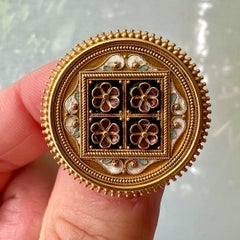 Antique 14K Gold Etruscan Revival Enamel Round Brooch, 19th Century