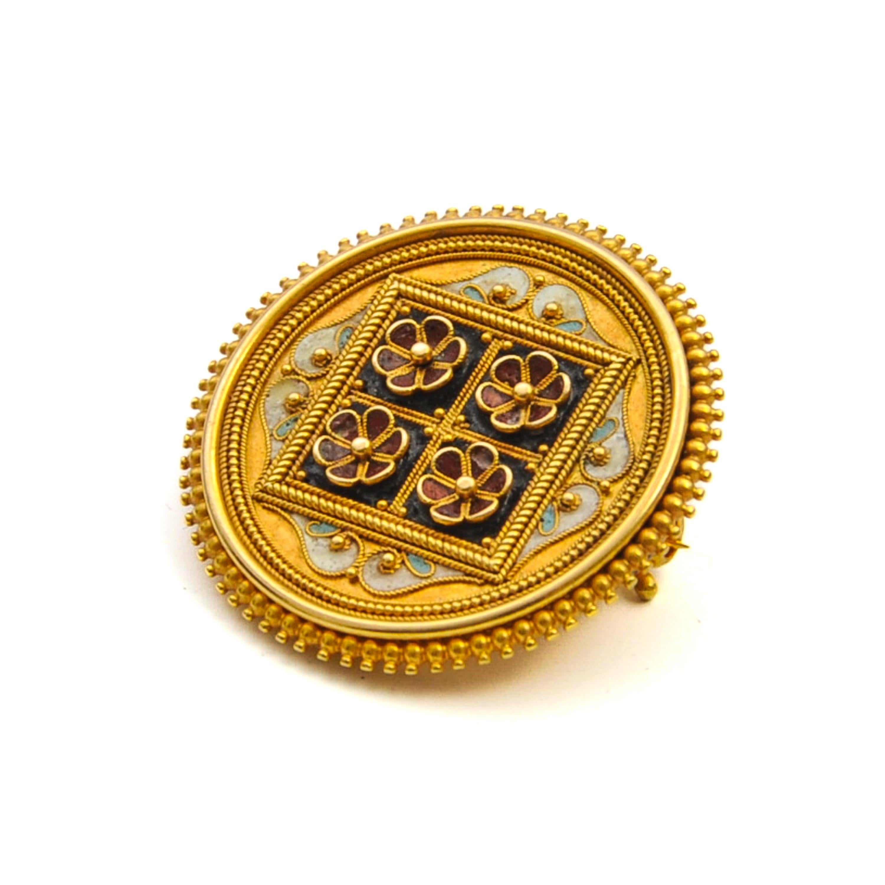 Art Nouveau Antique Etruscan Revival Gold and Enamel Floral Pin Brooch For Sale