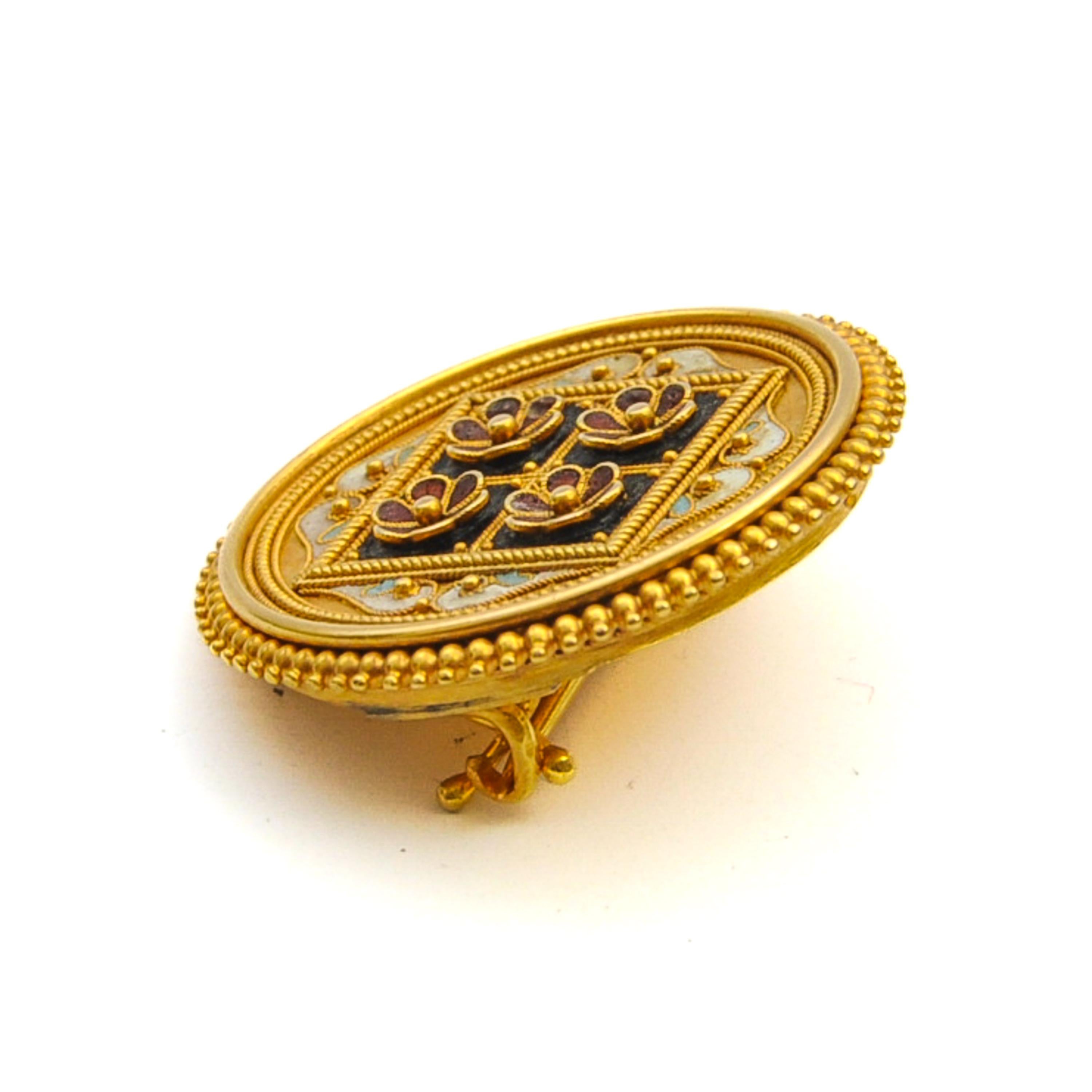 Antique Etruscan Revival Gold and Enamel Floral Pin Brooch In Good Condition For Sale In Rotterdam, NL