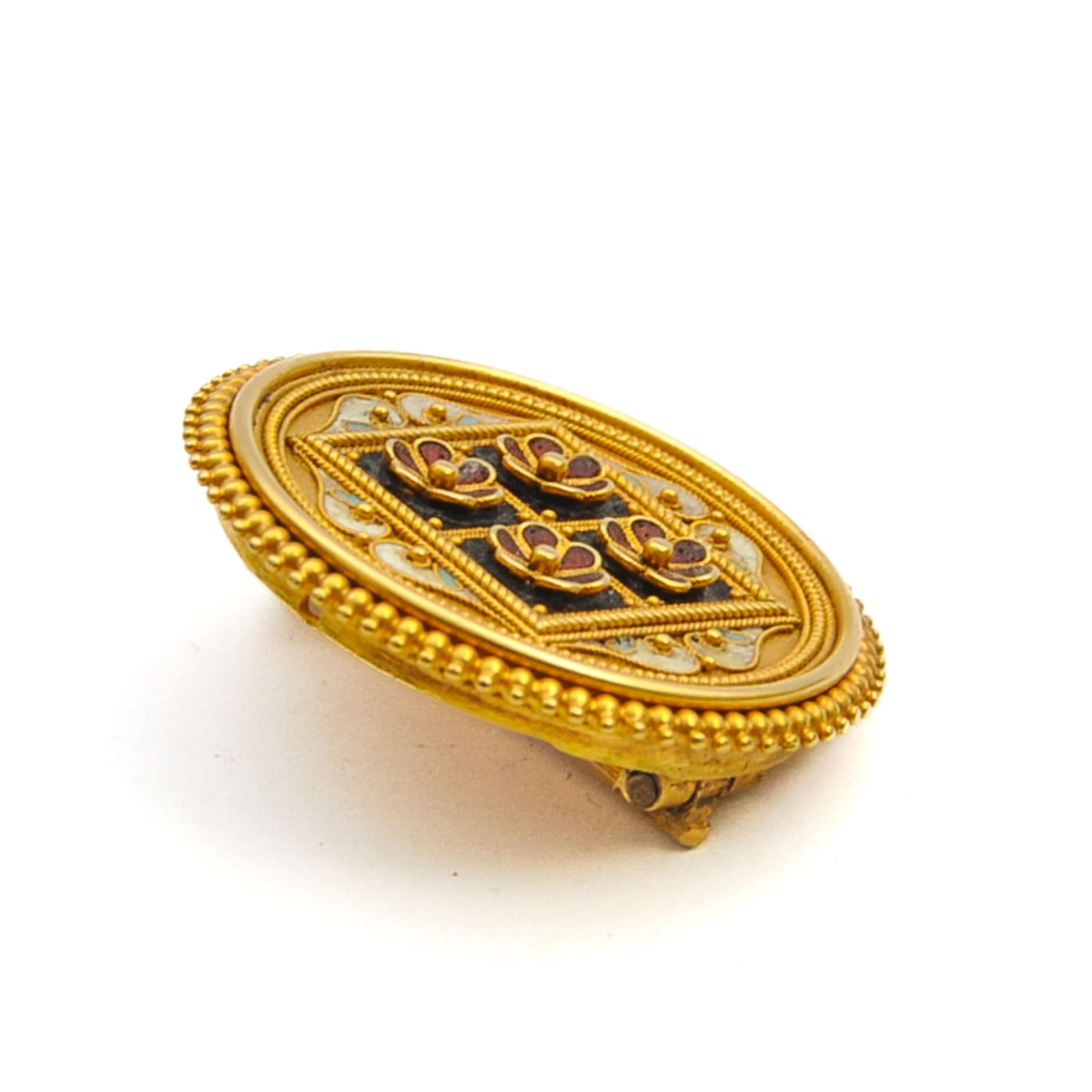 Women's or Men's Antique Etruscan Revival Gold and Enamel Floral Pin Brooch For Sale