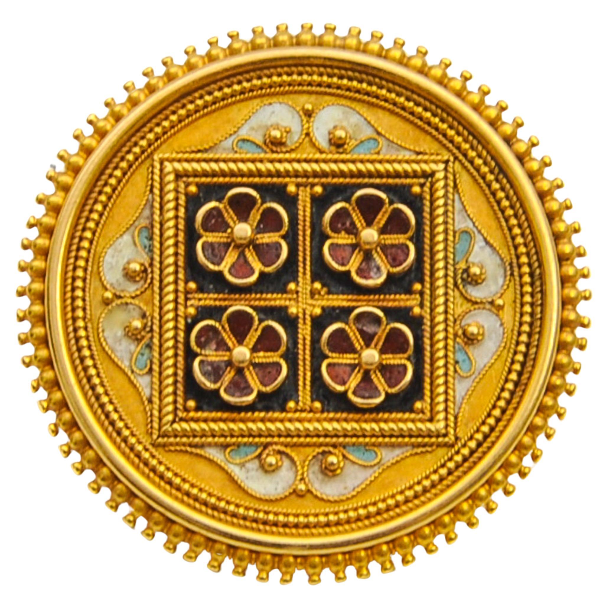 Antike etruskische Revival-Anstecknadelbrosche aus Gold und Emaille mit Blumenmuster im Angebot