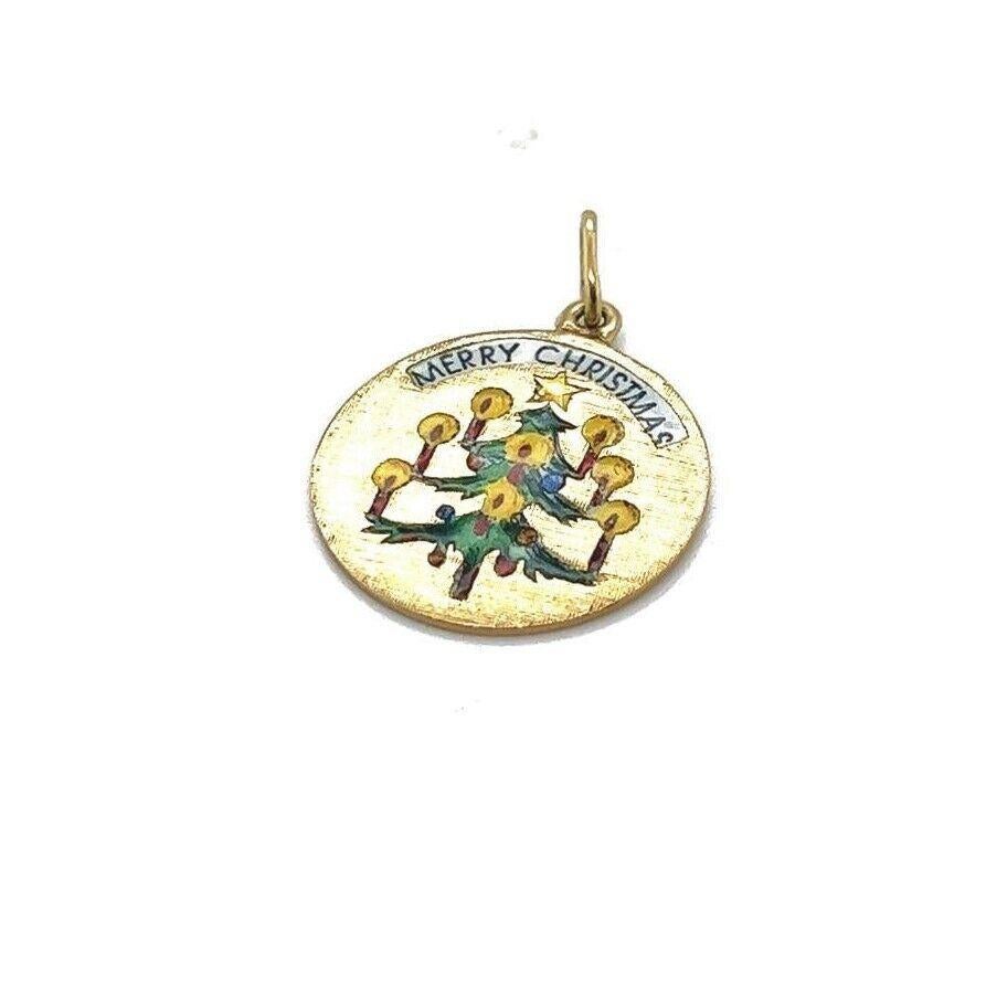 Antique 14 Karat Yellow Gold and Enamel Merry Christmas Holiday Charm For Sale 1