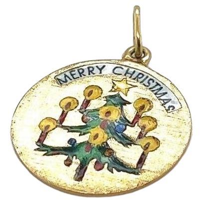 Antique 14 Karat Yellow Gold and Enamel Merry Christmas Holiday Charm For Sale