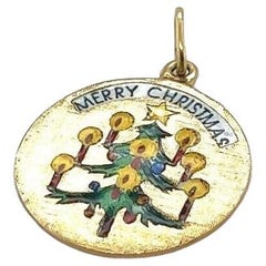 Antique 14 Karat Yellow Gold and Enamel Merry Christmas Holiday Charm