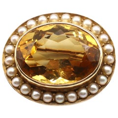 Antique 14 Karat Yellow Gold Citrine and Seed Pearl Oval Pin Brooch